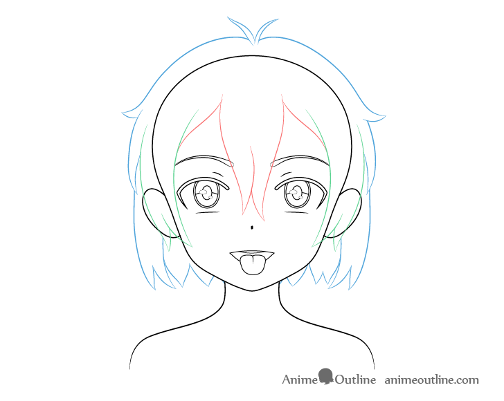 Anime girl open mouth tongue out hair drawing
