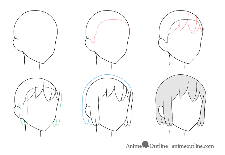 Anime hair 3/4 view drawing step by step