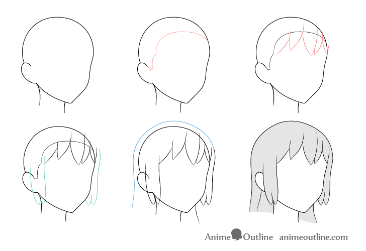 Anime long hair 3/4 view drawing step by step