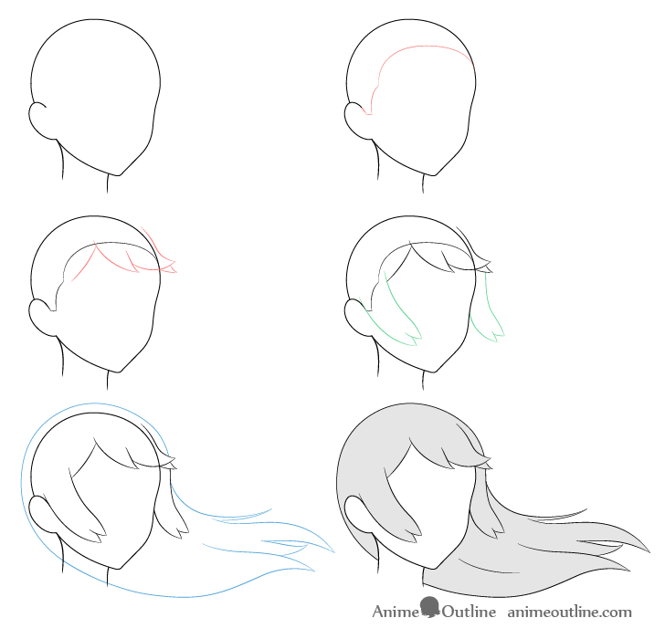 Anime long hair blowing in wind 3/4 view drawing step by step