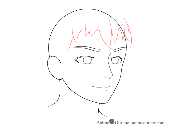 Anime male face 3/4 view front hair drawing