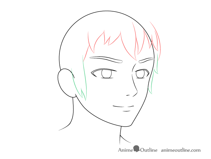 Anime male face 3/4 view sides hair drawing
