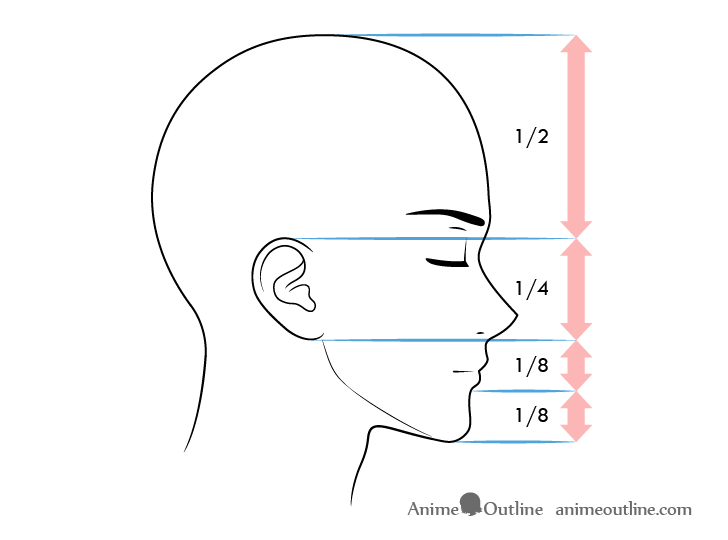 Anime male face proportions side view content expression
