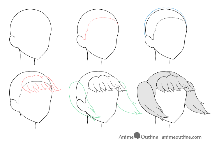 Anime pigtails hair blowing in wind 3/4 view drawing step by step