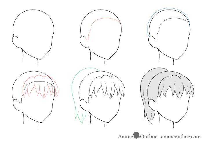 Anime ponytail hair 3/4 view drawing step by step
