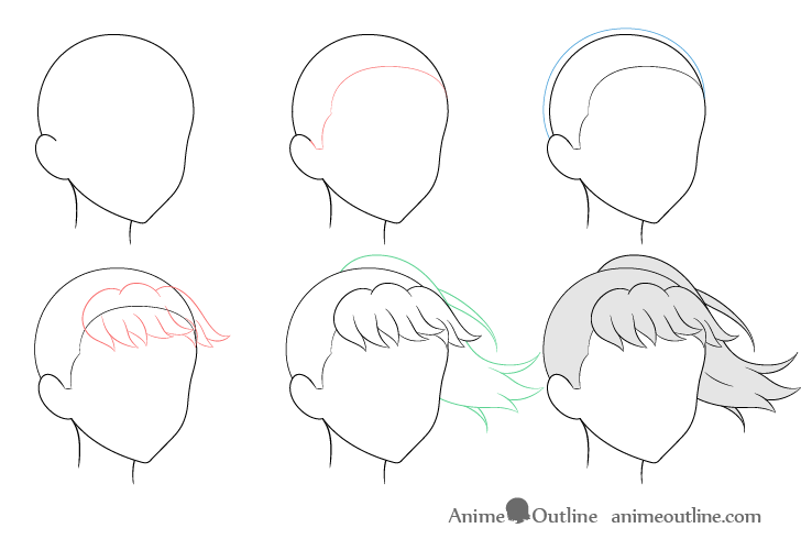 Anime ponytail hair blowing in wind 3/4 view drawing step by step