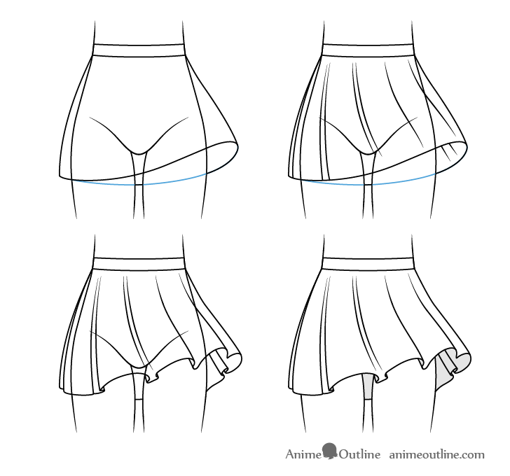 Anime skirt with folds blowing in wind drawing step by step