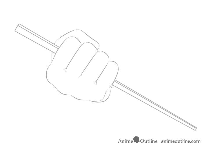 Hand holding chopsticks in fist outline drawing